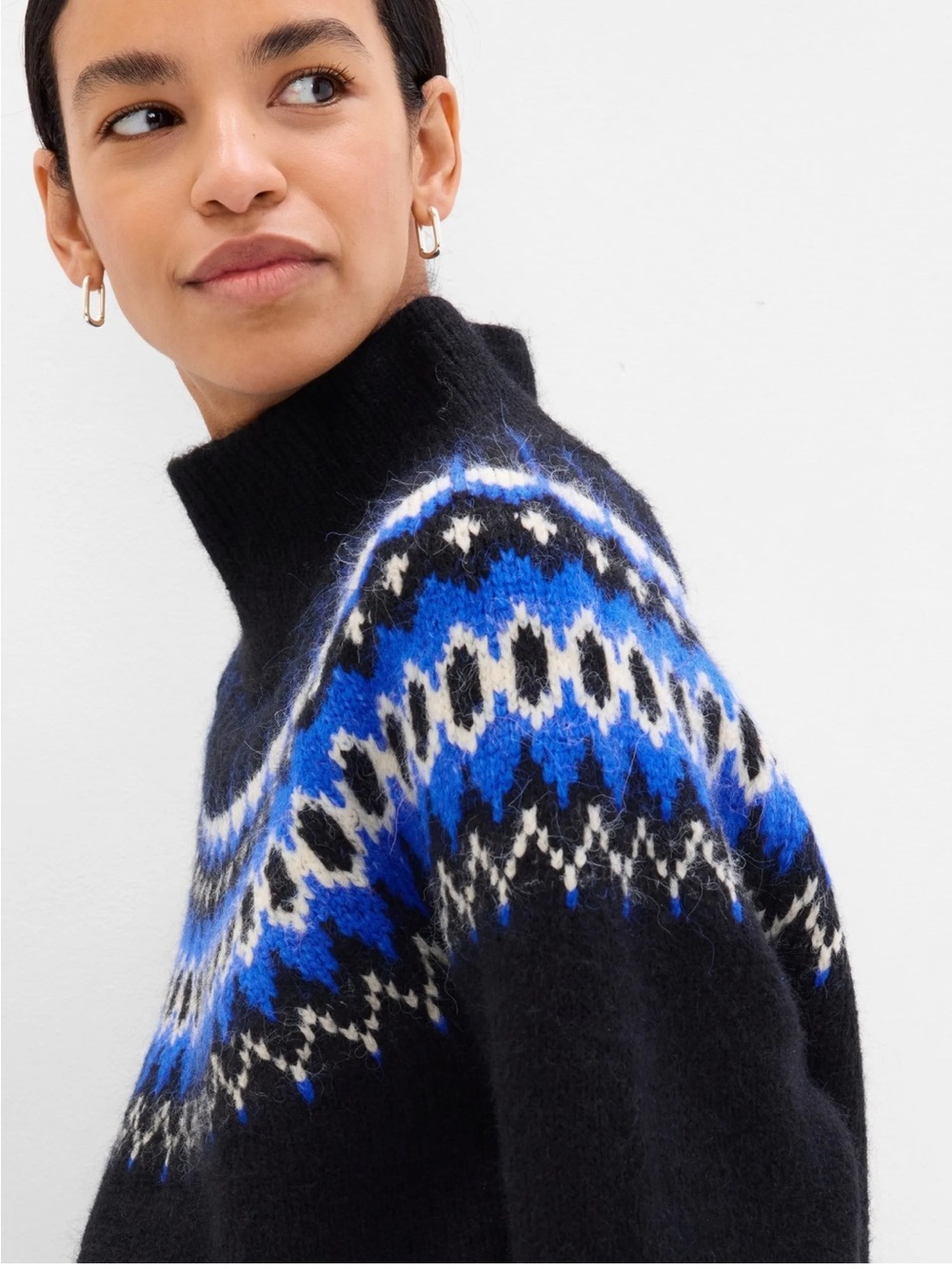 GAP Black Blue White Fair Isle Turtleneck Nordic Sweater M Cozy Ski
